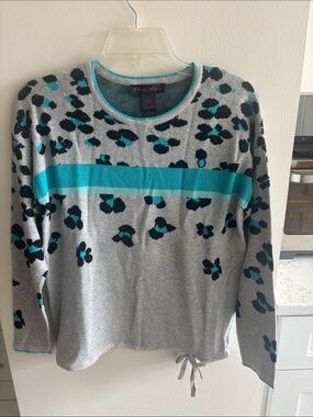 Elena Wang Gray Leopard Print Sweater with Turquoise Stripe NWT no